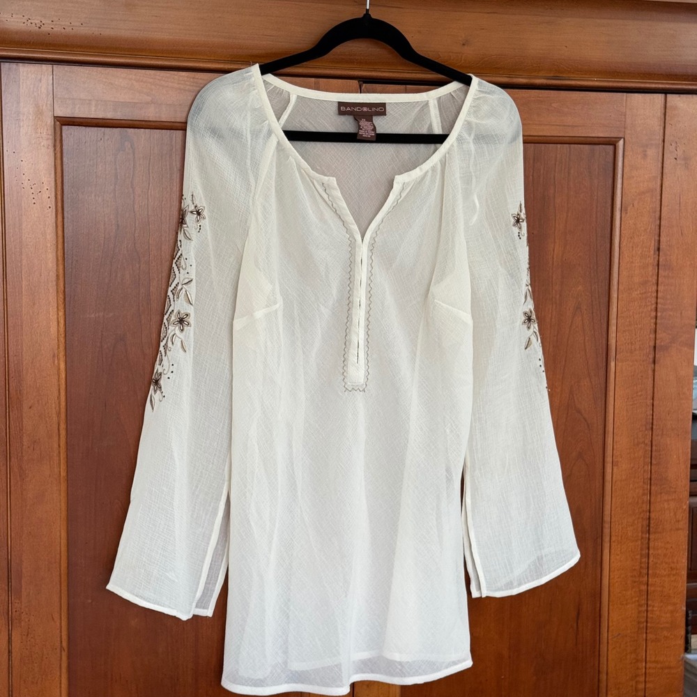 Y2K Bandolino Cream Embroidered Peasant Boho Sheer Romantic Blouse Womens 12 EUC